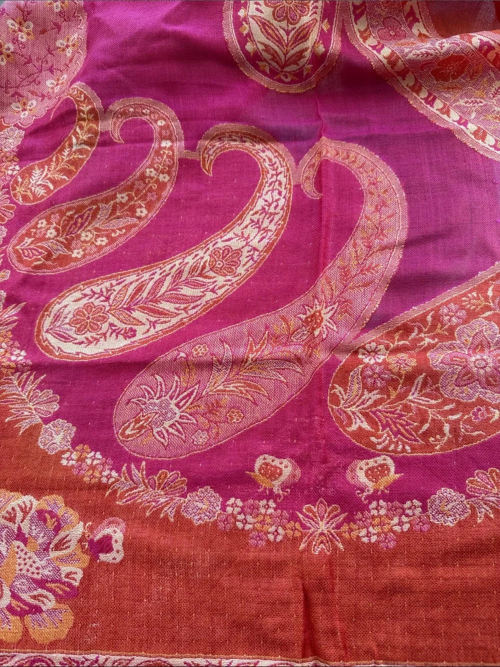 Fuchsia & Orange Paisley Reversible Kashmiri Style Large Shawl with Fringe.